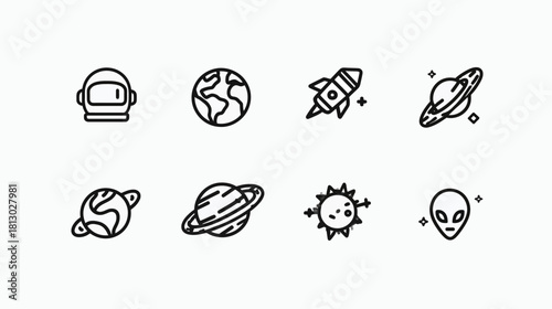 Minimalist Outline Space Icons Set: Astronaut, Earth, Rocket, Planets, Sun, Alien. Cosmic Vector Elements for Science and Exploration.