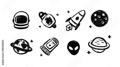 Hand-drawn space icon set: doodle style vector illustrations of astronaut helmet, rocket, planets, moon, satellite, and alien.