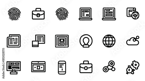 Modern line icon set representing technology, business, security, data, internet, and digital concepts for web and app design.