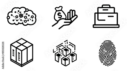 Modern digital technology, business, and data line icons set: AI, finance, data storage, blockchain, and biometrics.