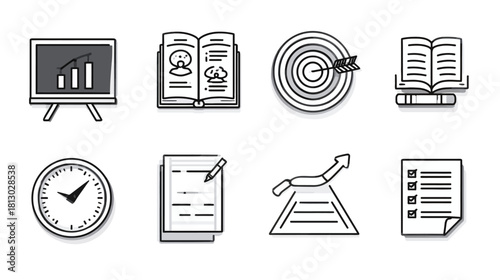 Monochrome Business, Education, and Productivity Line Art Icons: Strategy, Growth, Learning, Time Management & Goals