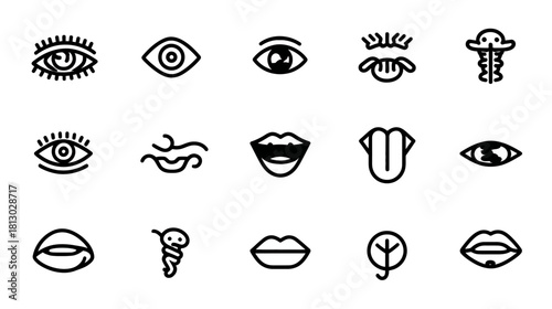 Stylized line art vector icons of human body parts, including abstract eyes and mouths, ideal for modern design, UI, and spiritual concepts