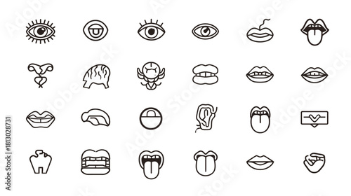 Stylized Human Body Parts Outline Icons Set. Diverse Line Art Collection of Eyes, Mouths, Ears, Brains, Hearts, and Teeth.