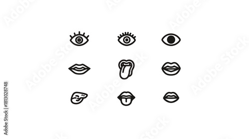 Minimalist black and white line art icons set featuring diverse eyes, lips, and tongue expressions for graphic design and UI.