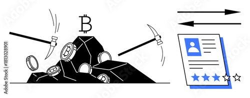 Mining tools extracting digital coins, Bitcoin symbol above rocks, arrows showing data exchange with document and rating. Ideal for cryptocurrency, blockchain, process, finance, technology