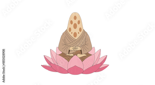 Meditating Fungus Figure Sitting On Pink Lotus, Isolated On Black Background