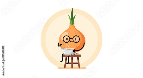 Onion Animated Character Enjoying Soup Dish Against A Pale Circular Backdrop Background Design