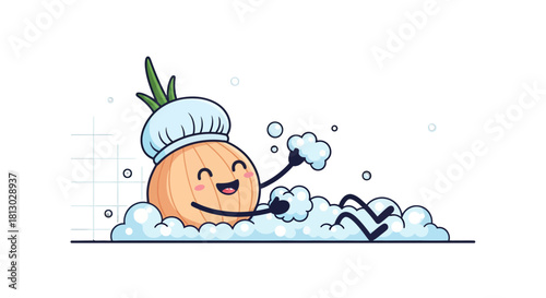 Onion Animated Image While Taking a Refreshing Bath in a Foamy Tub Relaxation Concept
