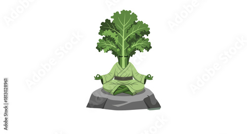 Meditating Kale Personified: A Tranquil Illustration Depicting Mindfulness and Serenity