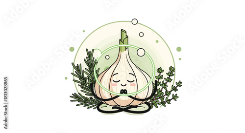 Meditating Garlic Surrounded by Herbs, Conceptual Design, in Black Background