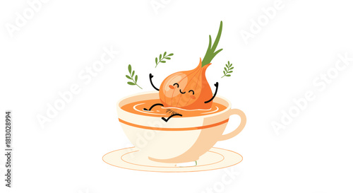 Onion Animated Soaking In Soup Cup, Enjoying Relaxation Time, And Feeling Cozy And Relaxed