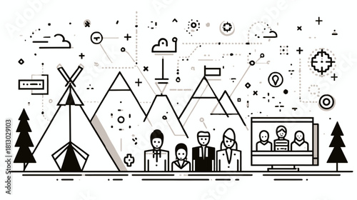 Modern business strategy concept. Digital transformation journey with diverse team, technology network, nature elements, and collaborative growth.