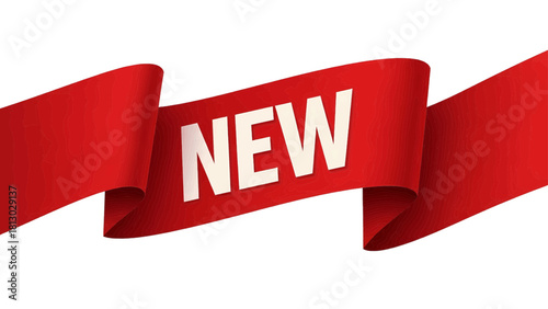 Vector illustration of red ribbon banner with the word new in white text, isolated on transparent background 
