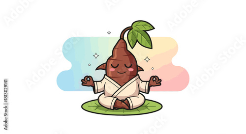 Meditating Root Vegetable Character in White Robes, Peaceful and Relaxed Attitude