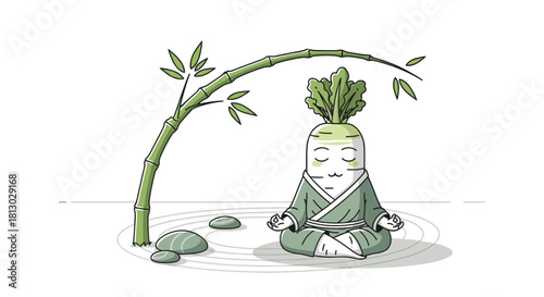 Meditating Radish Under Bamboo: A Serene Illustration of Mindfulness and Peace