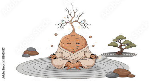 Meditating Root Vegetable With Zen Garden Elements on Black Background