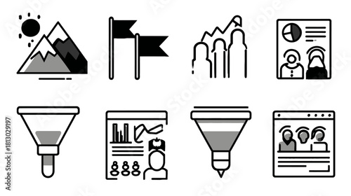 Business analytics, marketing strategy, and data management vector icons. Set of growth, conversion, and reporting concepts.