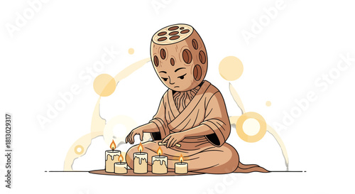 Meditative Figure Sets Candles Amidst Cosmic Energy in a Serene, Isolated Scene