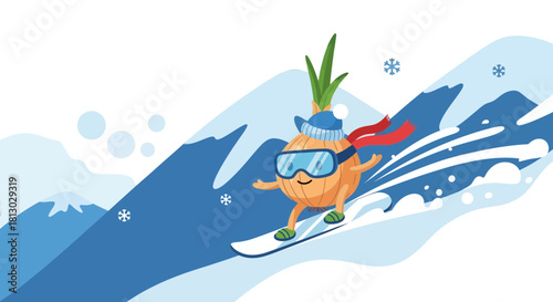 Onion Character Enjoying Snowboarding While Experiencing Snowy Winter Mountain Slopes