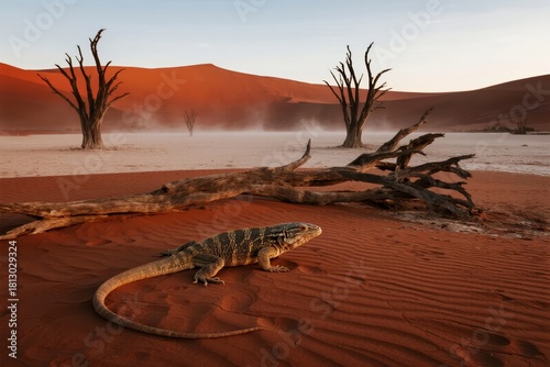 Fototapeta Naklejka Na Ścianę i Meble -  A lizard rests on red sand dunes near dead trees in a desert landscape at sunrise.