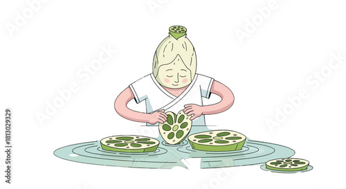 Meditative Figure Slicing Lotus Root, Featuring Serene Illustration Style