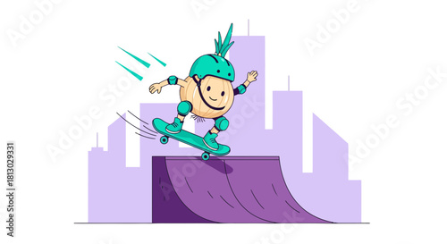 Onion Character Enjoying Skateboarding Against Simple Cityscape Illustration Design