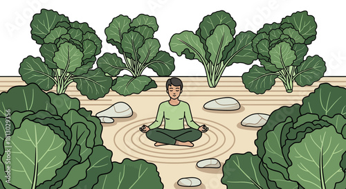 Meditative Gardener Surrounded By Lush Greens In A Serene Zen Garden