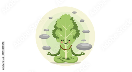 Meditative Kale: Serene Vegetable Practicing Yoga Amidst Zen-Like Smooth Stones