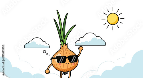Onion Character Enjoying Sunny Day with Sunglasses among Clouds under Clear Sky View