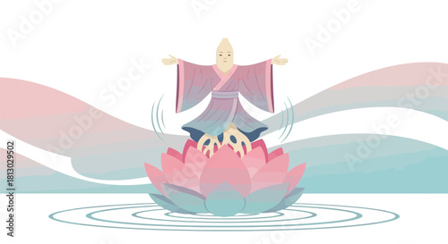 Meditative Persona on Lotus Blossom Above Water Reflecting Deep Serenity and Equilibrium