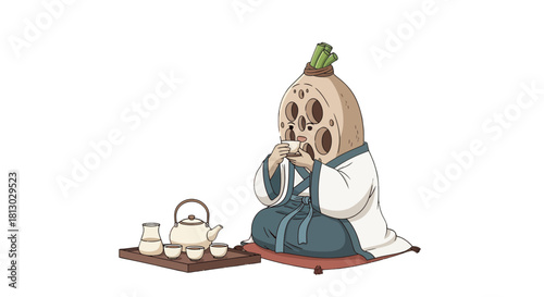 Meditative Root Figure Enjoying Tranquil Tea Ceremony In A Serene Ambiance