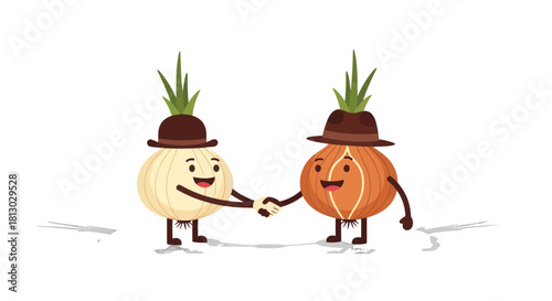 Onion Characters Shaking Hands, Illustration For Teamwork And Agreement, Black Background