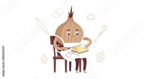 Onion Chef Baking, Cutting Butter, Kitchen Illustration, Culinary Cartoon Scene