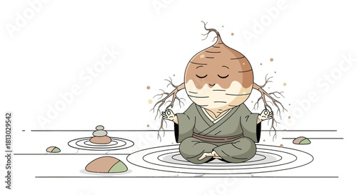 Meditative Root Vegetable Embodies Tranquility: A Cartoon Depiction of Inner Peace