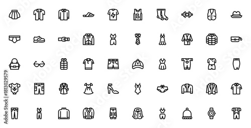 Clothes icon set. Fashion vector collection. Include symbols for dress, shirt,pants, hat, bag, shoes, cot, swimsuit and more. Editble stroke line.