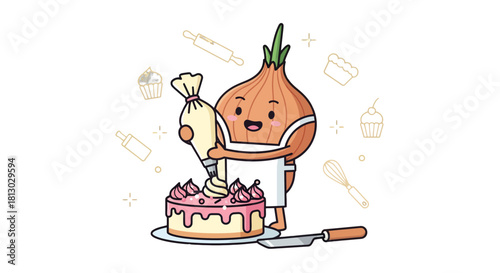 Onion Chef Decorating Cake With Icing On A Black Background For Baking Concepts