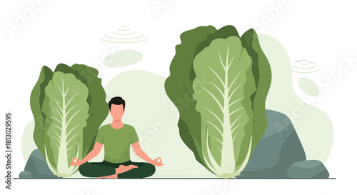 Meditative Scene With A Man Surrounded By Large Cabbages Under A Futuristic UFO