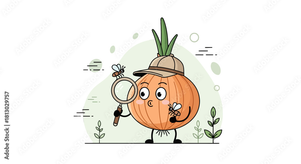 Fototapeta premium Onion Detective: Whimsical Illustration of an Onion Character Investigating Insects