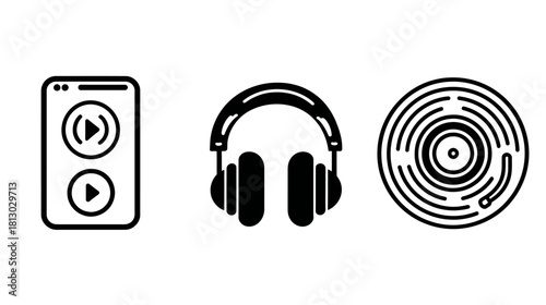 Set of music and audio technology icons: media player speaker, over-ear headphones, and vinyl record. Entertainment concepts.
