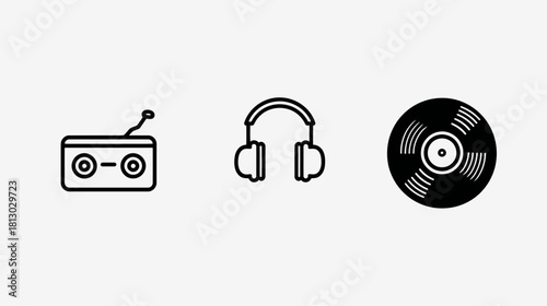 Retro Music and Audio Technology Icons Set: Vintage Radio, Headphones, and Vinyl Record - Graphic Media Symbols