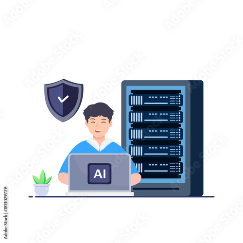 AI data center concept set for web design. artificial intelligence service, cloud processing and hosting. Flat vector illustration isolated on white background.