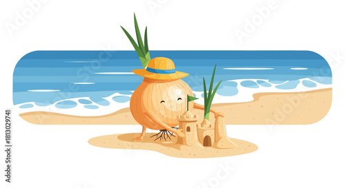 Onion Creates Sand Castle Amidst Sandy Beach and Blue Ocean Landscape