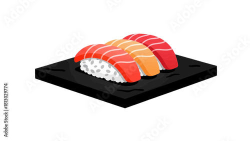 Vector illustration of two pieces of nigiri sushi with salmon and tuna topping served on a small black plate isolated on transparent background 