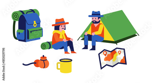 Minimalist Camping Illustration Featuring Adventurous People Enjoying Outdoor Activities