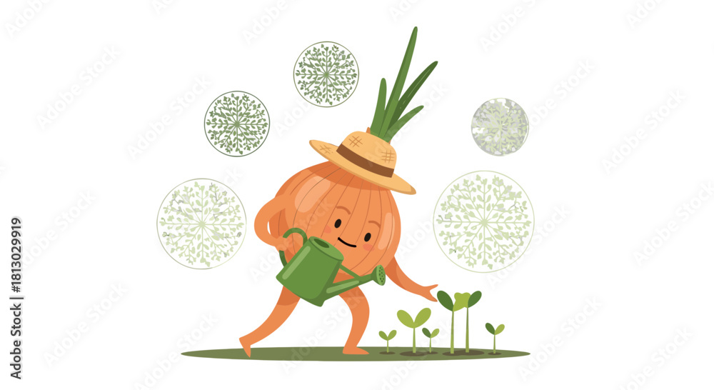 Fototapeta premium Onion Gardener, Watering Plants, Cute Cartoon Character, Black Background Design