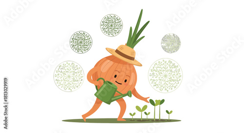 Onion Gardener, Watering Plants, Cute Cartoon Character, Black Background Design