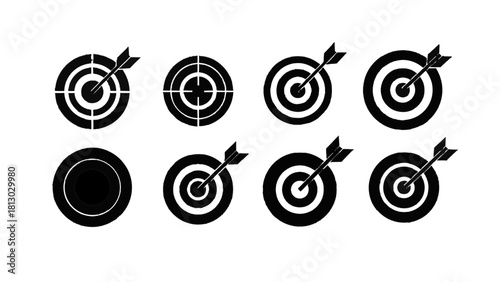 Vector illustration of set of eight black and white target icons with arrows hitting the bullseye, isolated on transparent background 