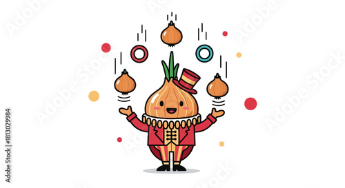 Onion Juggler: A Whimsical Cartoon Character with Balancing Acts and Fun Elements