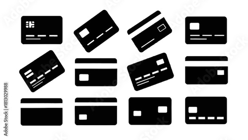 Vector illustration of collection of black credit card icons showing front and back views isolated on transparent background 