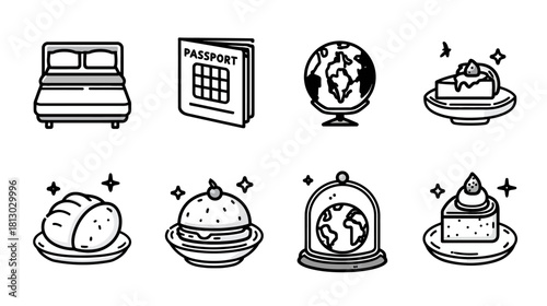 Minimalist black and white line art vector icons for travel, food, and global concepts including bed, passport, globe, and desserts.